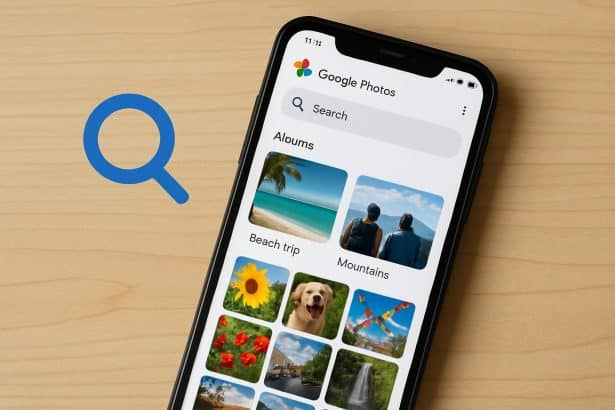 Google Photos interface demonstrating search across shared albums feature