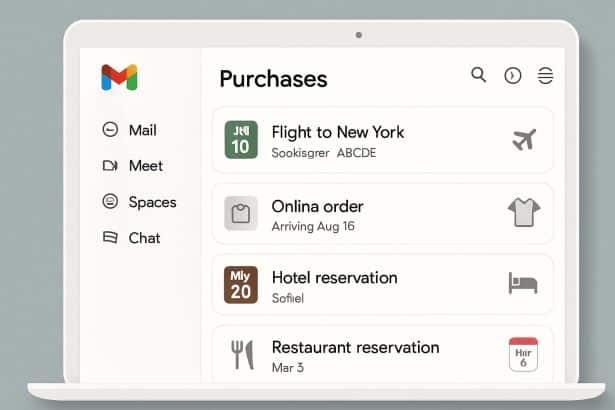 Gmail Purchases view displaying reservations and online order receipts