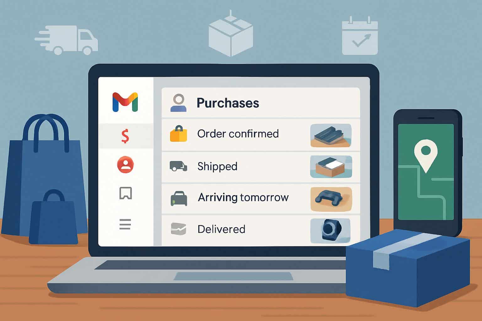Gmail Purchases view listing reservations and orders from emails