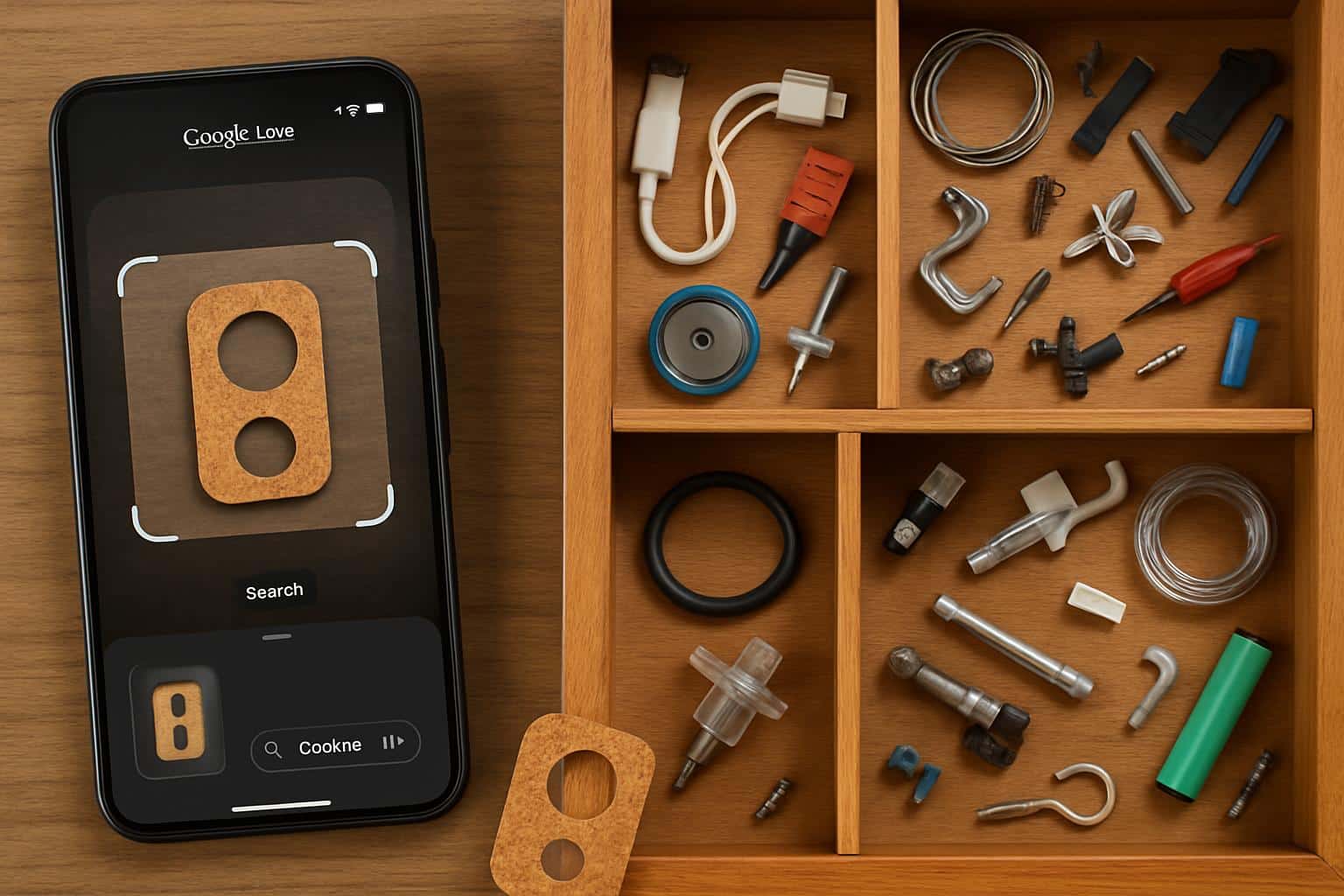 Google Lens scanning a cluttered junk drawer to identify household gadgets