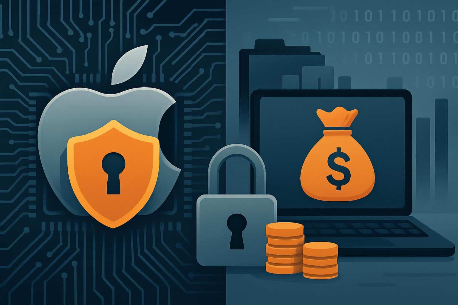 Apple security rewrite and Google data privacy payout, logos with padlock and dollar sign