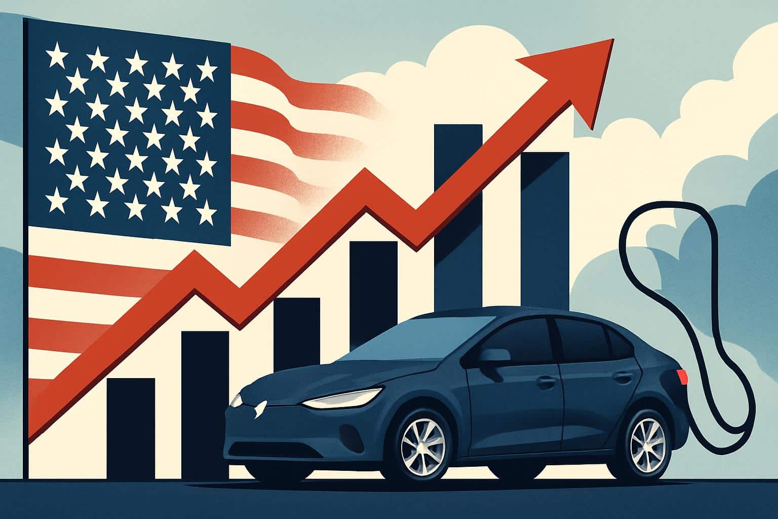 US EV sales record with electric cars at chargers and an upward sales chart, outlook uncertain