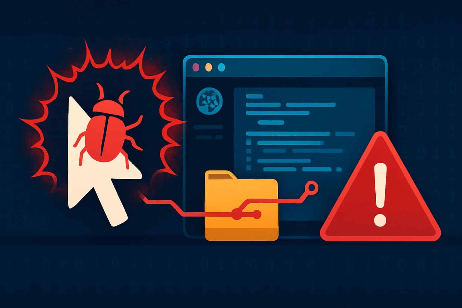 Cursor bug alert on computer screen with patch and security shield icons