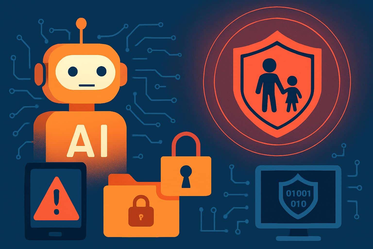 FTC seal with AI chatbot icon and warning sign highlighting child safety risks