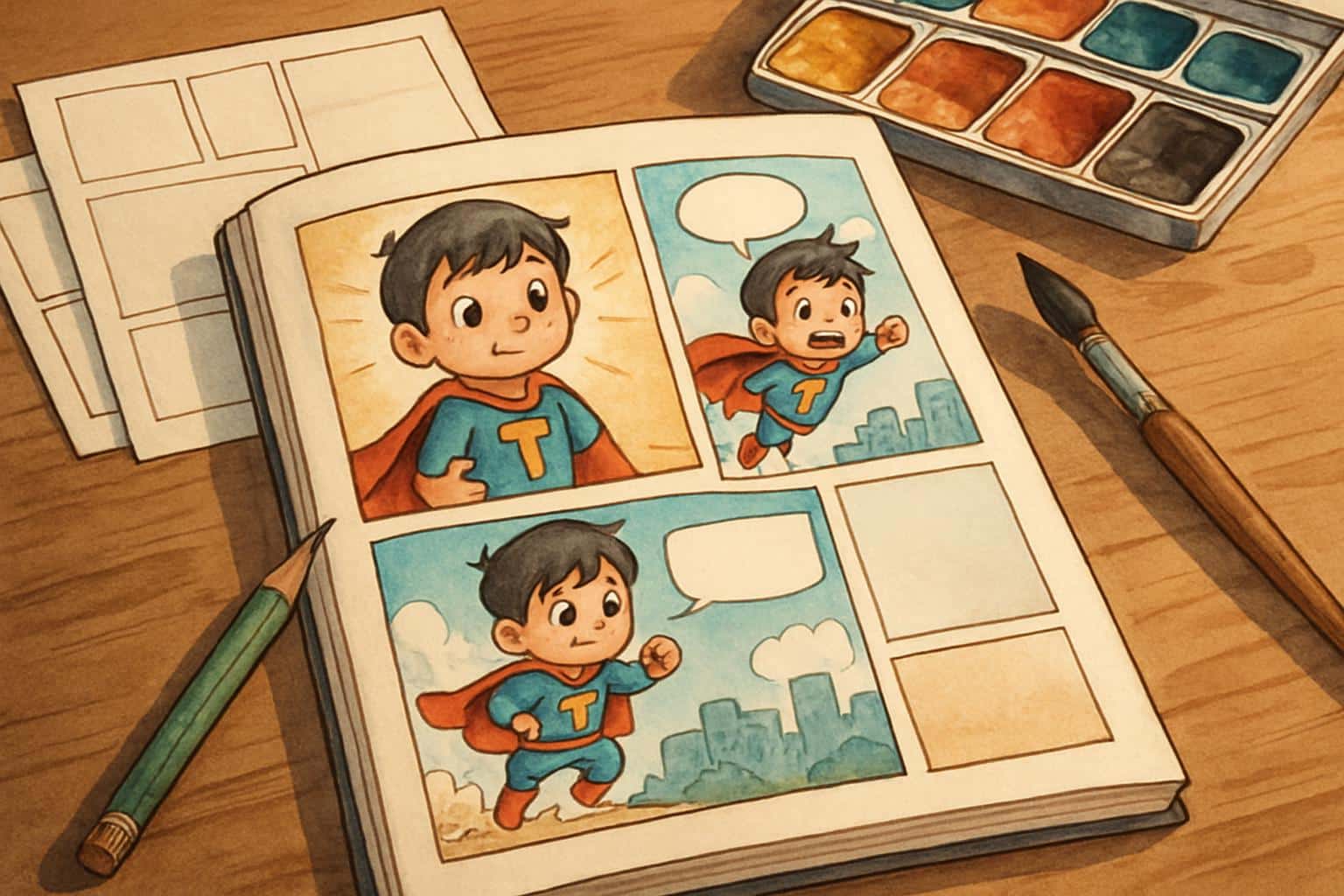 Colorful comic panels with chalkboard, books, and lightbulb for Teach Me First comic