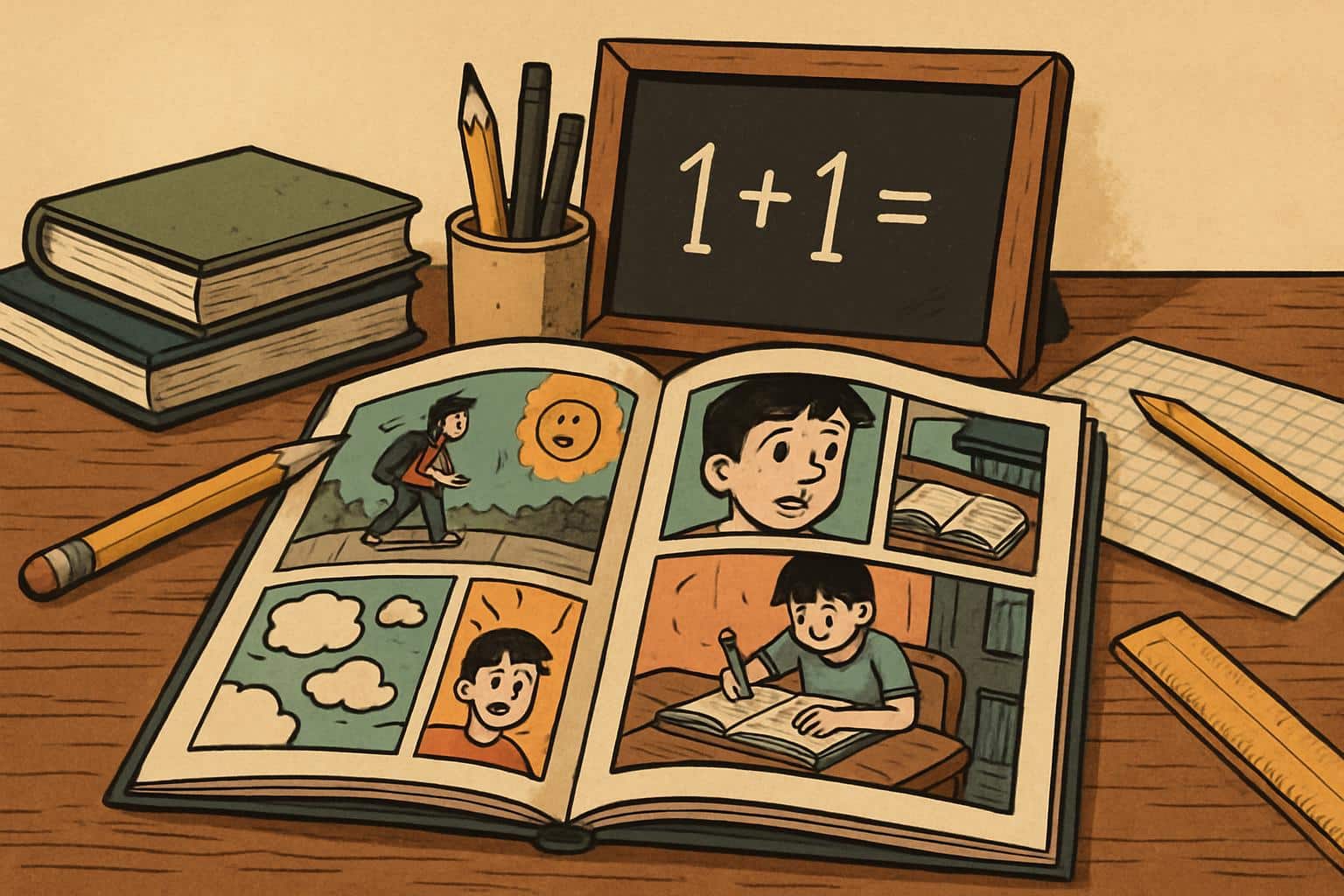 Wide comic panels with classroom objects—chalkboard, open book, pencils—teaching theme
