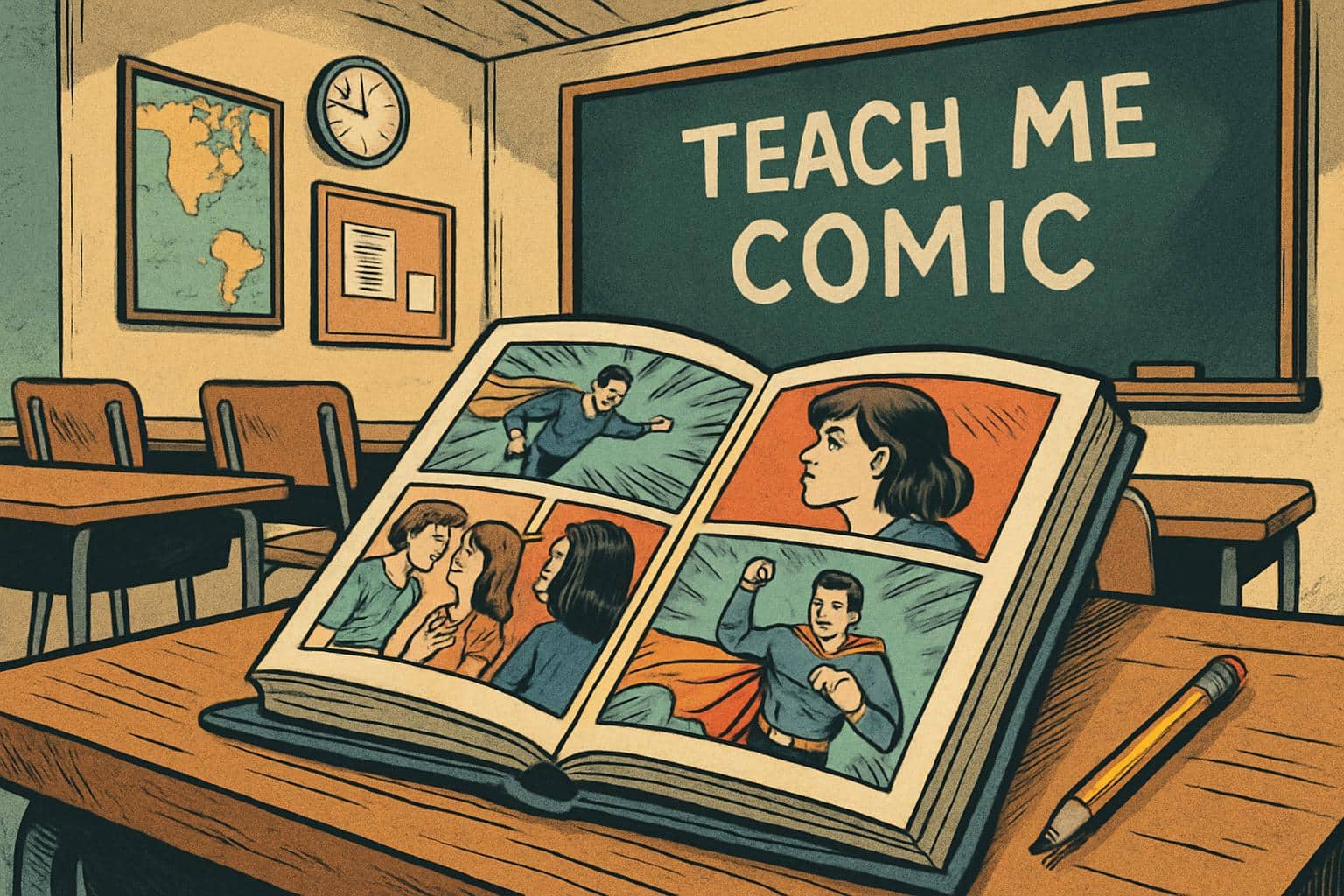 Comic-style classroom in dramatic perspective, empty desks and blank chalkboard, no people
