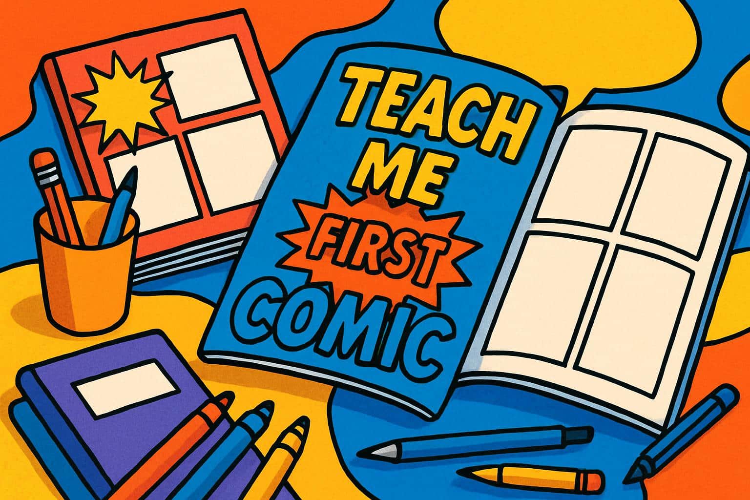Vibrant comic panels with chalkboard, books, and lightbulb for teach me first comic