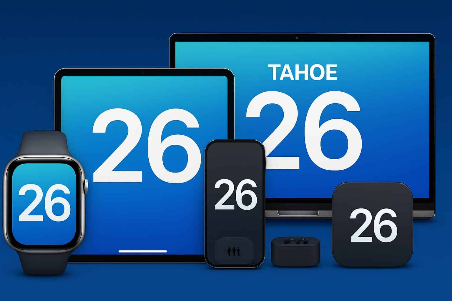 Apple devices showing software updates for watchOS, macOS Tahoe, iPadOS, tvOS, visionOS 26