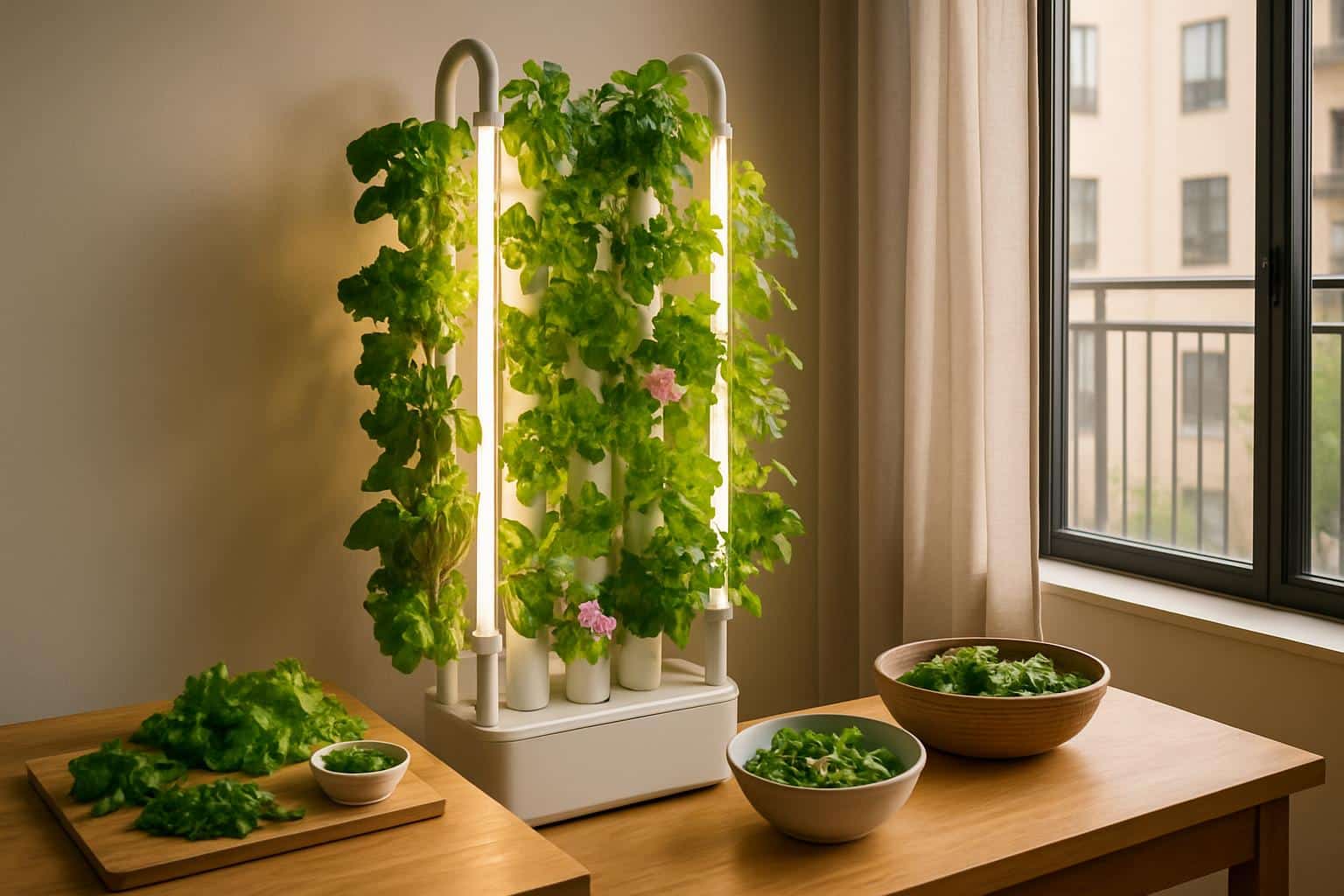 Gardyn indoor hydroponic garden with harvest-ready produce, leafy greens and herbs