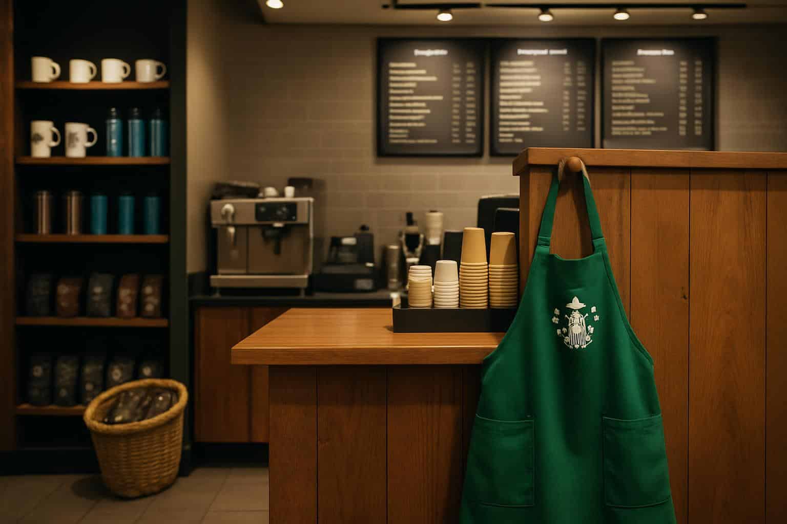 Empty Starbucks cafe with clock and green apron