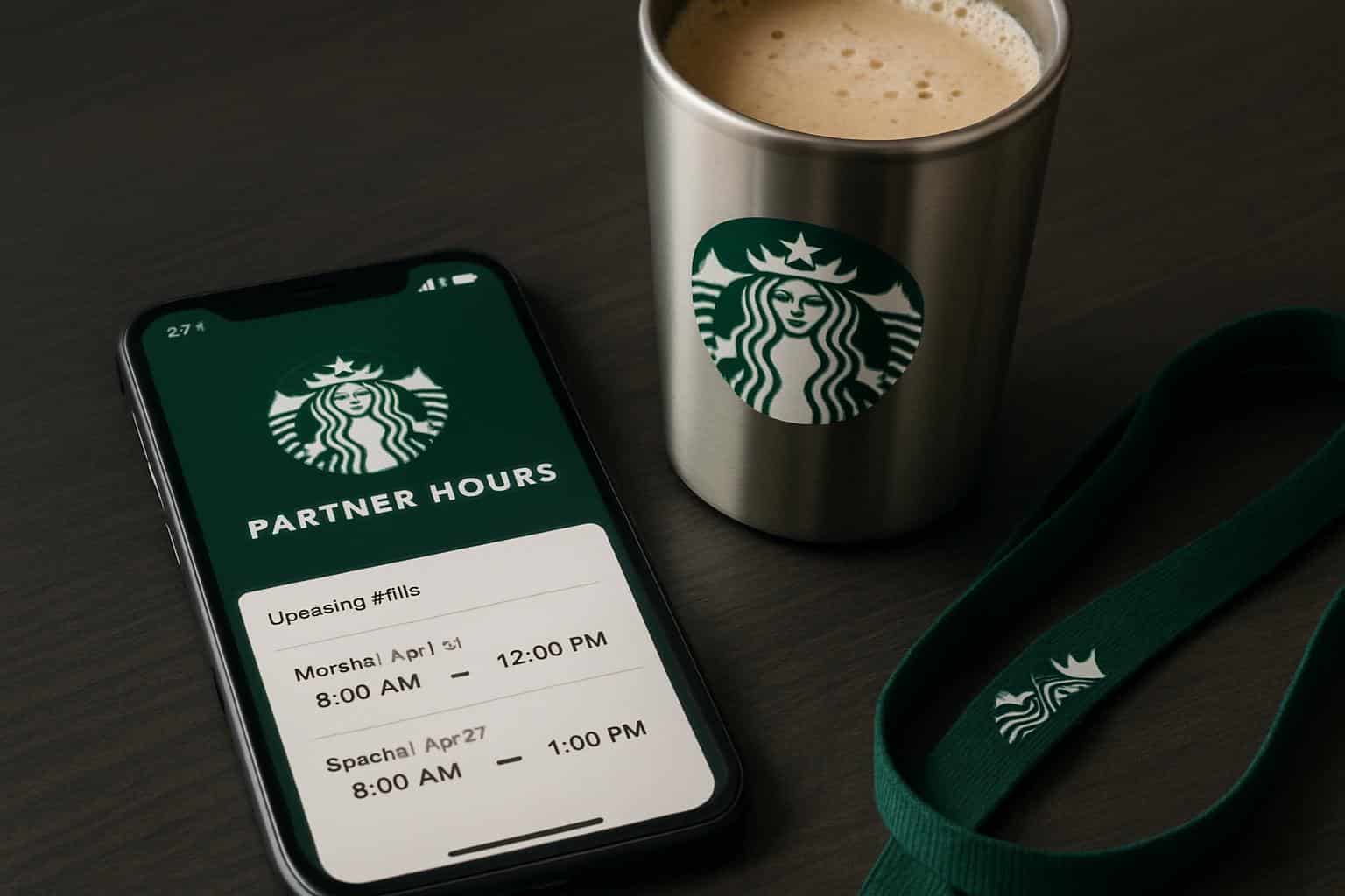 Starbucks partner hours scene: overhead clock with green apron, cups, and espresso tools