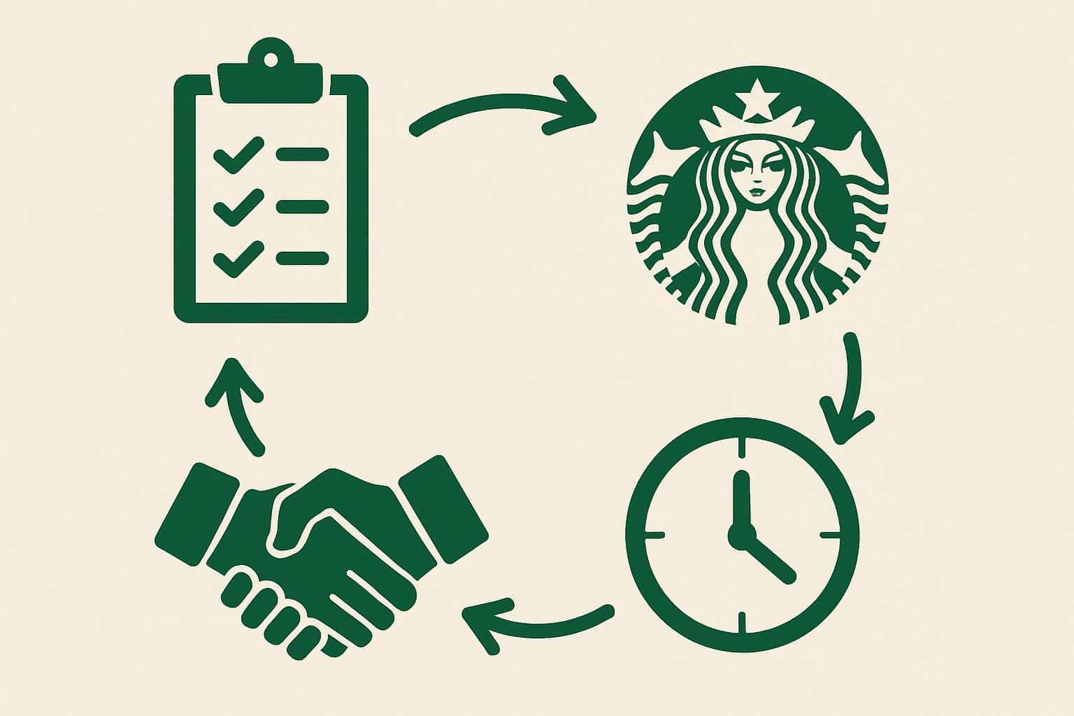Process flow diagram of Starbucks logo, clock, calendar, shift blocks, arrows.