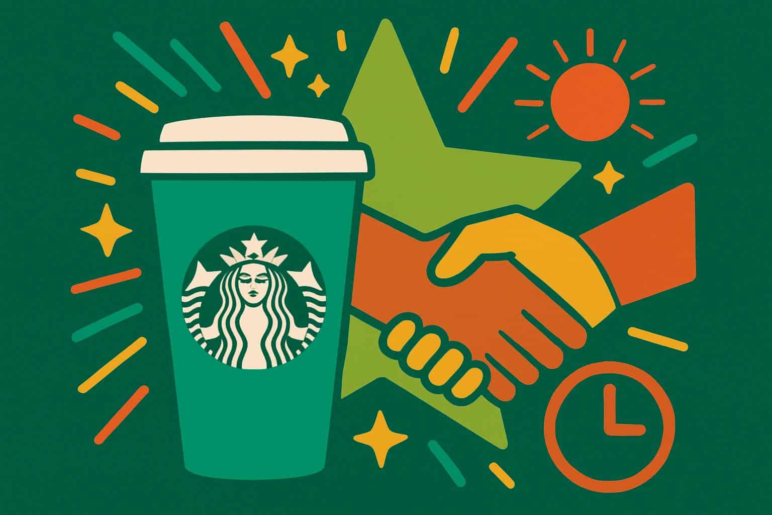 Starbucks partner hours concept with green apron, wall clock, shift schedule, coffee bar.