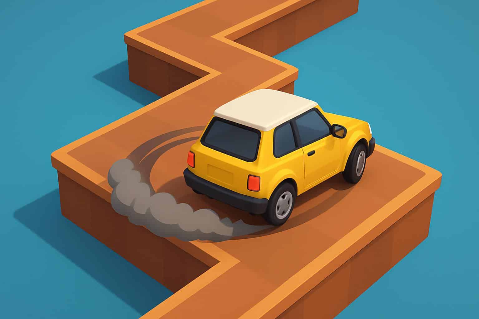 Drift Boss Math Playground: tilted aerial view of car drifting on zigzag platforms