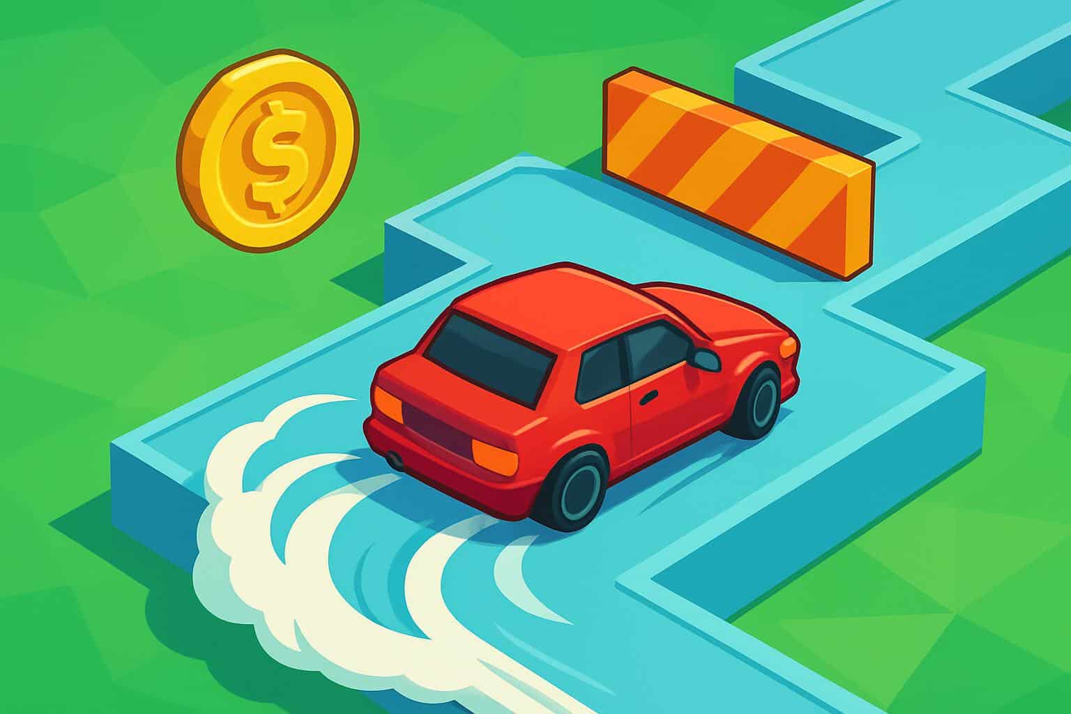 Drift Boss Math Playground car drifts on floating zigzag track amid colorful block obstacles