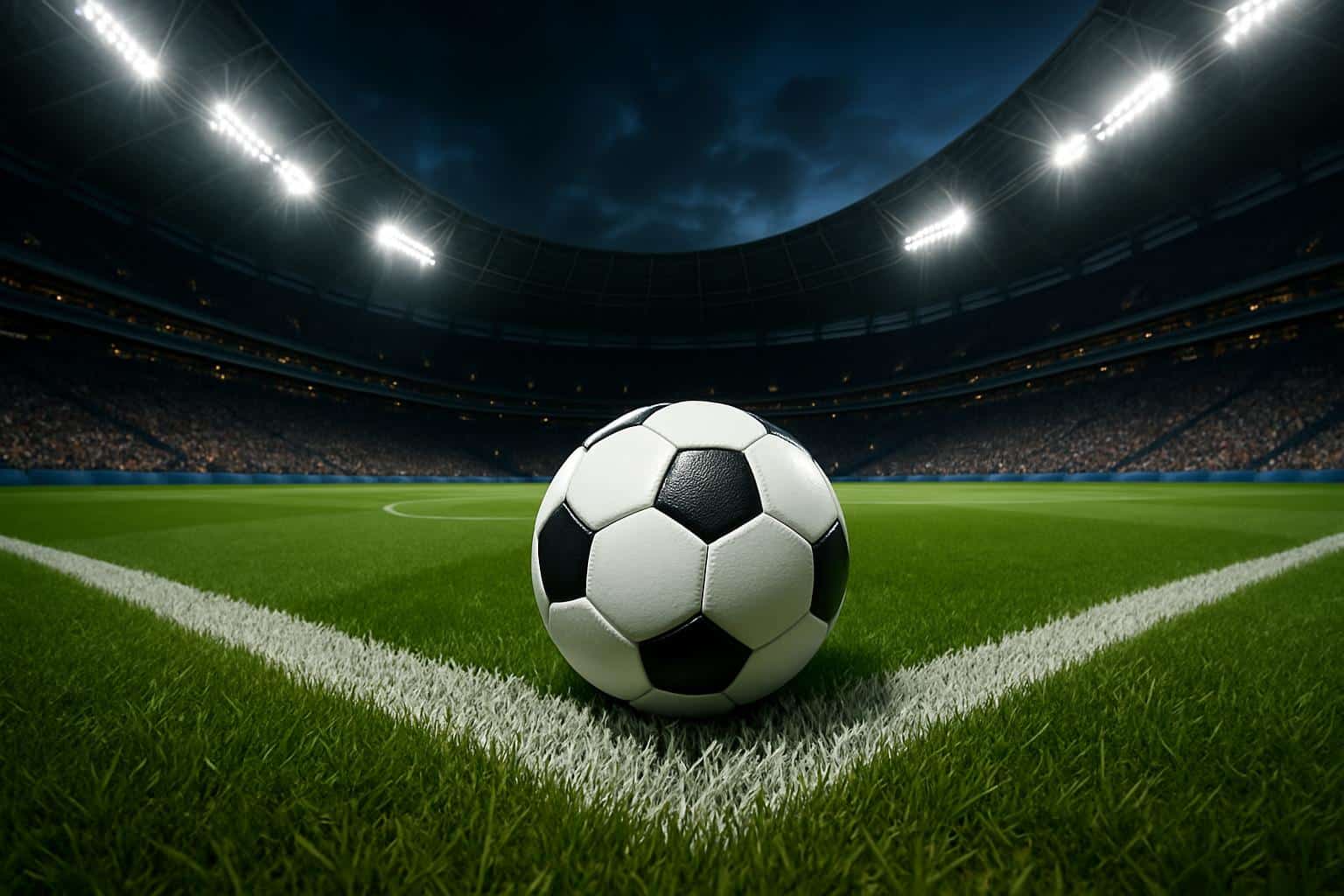 Score808 concept art: stylized soccer pitch viewed from a dramatic aerial angle