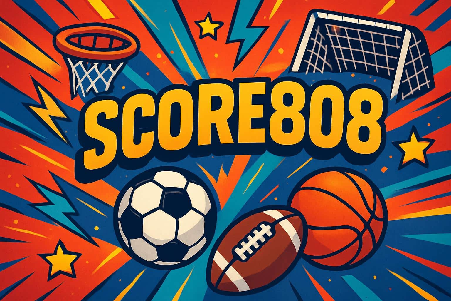 Colorful sports collage with stadium lights and balls, symbolizing Score808 live streams