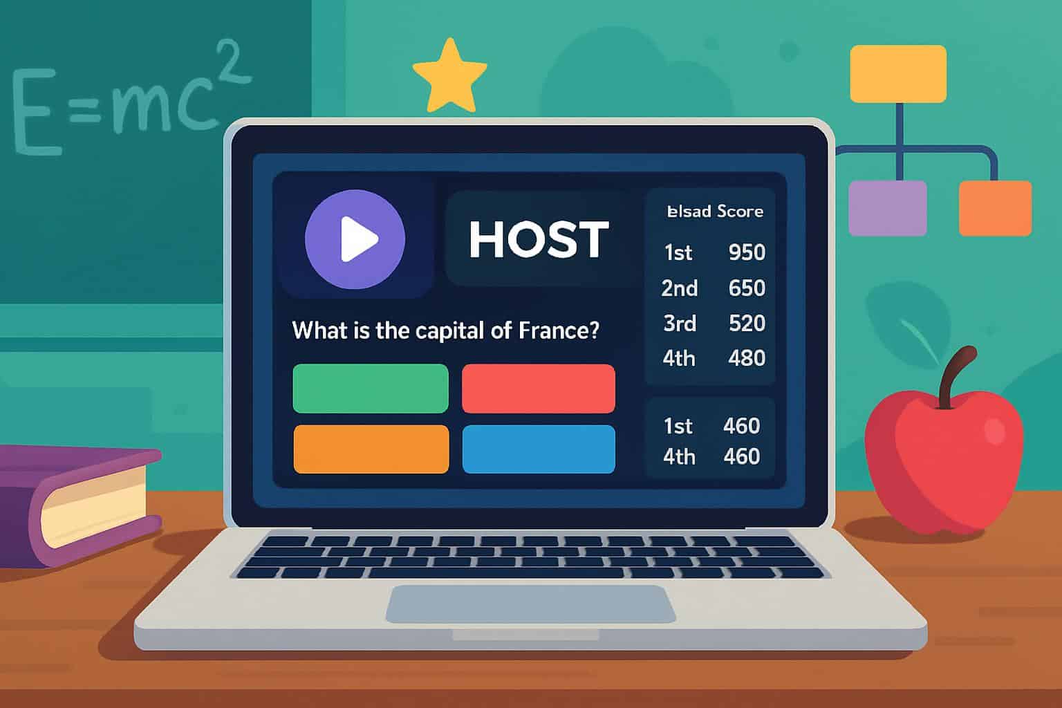 Gimkit host screen on laptop with vibrant quiz game icons, classroom backdrop