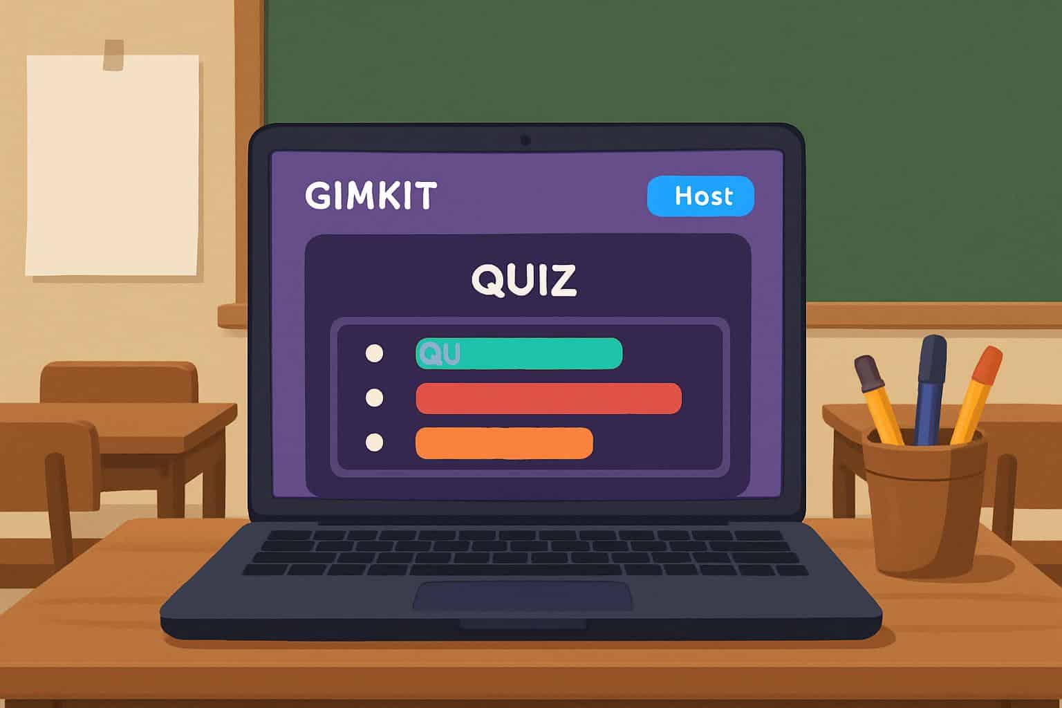 Gimkit host dashboard on classroom screen with quiz controls and live scoreboard
