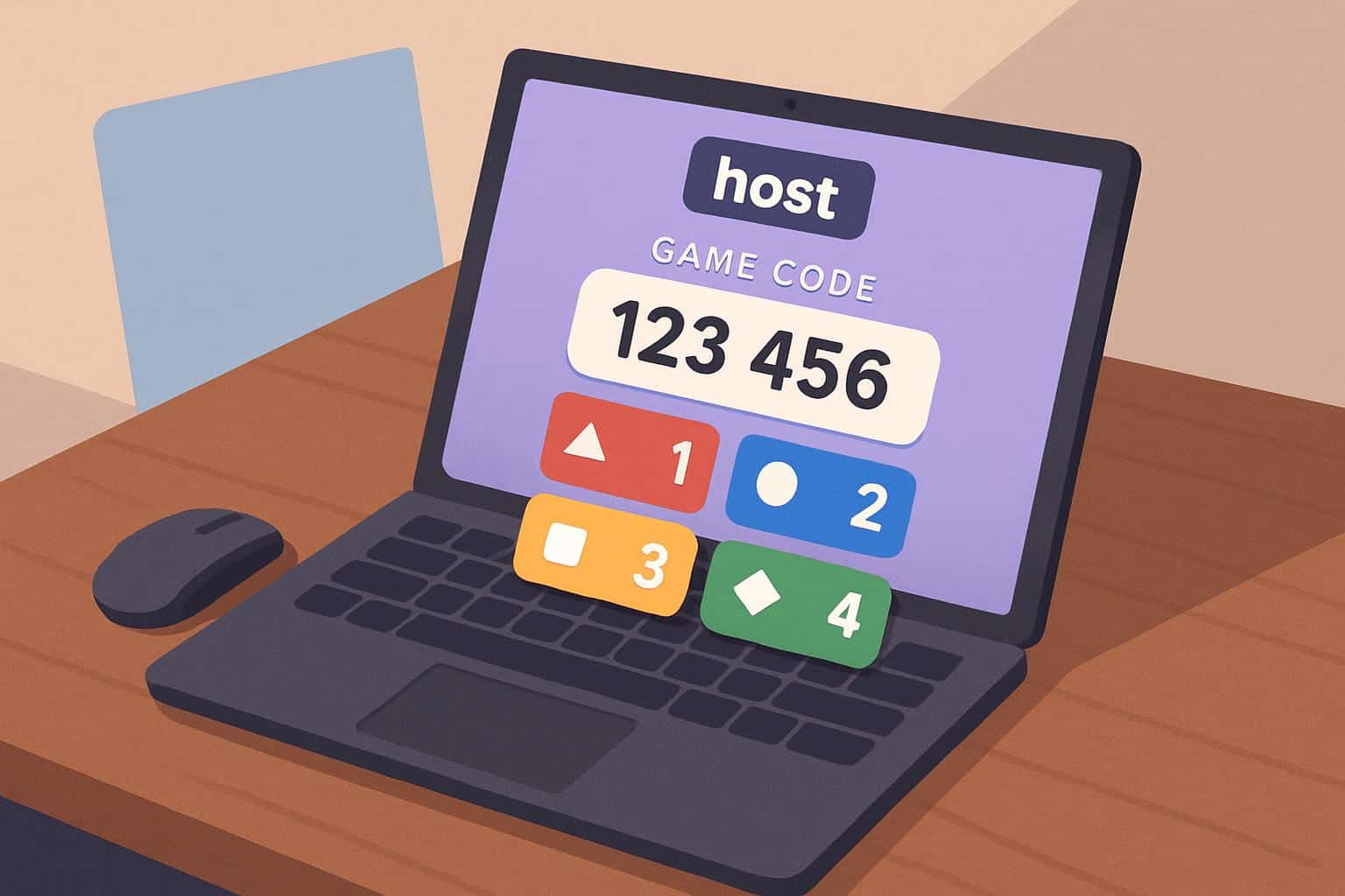 Isometric Gimkit host dashboard with game controls, lobby code panel, and player slots