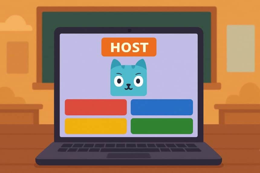 Colorful Blooket host screen with game lobby, leaderboard, avatars, and quiz icons
