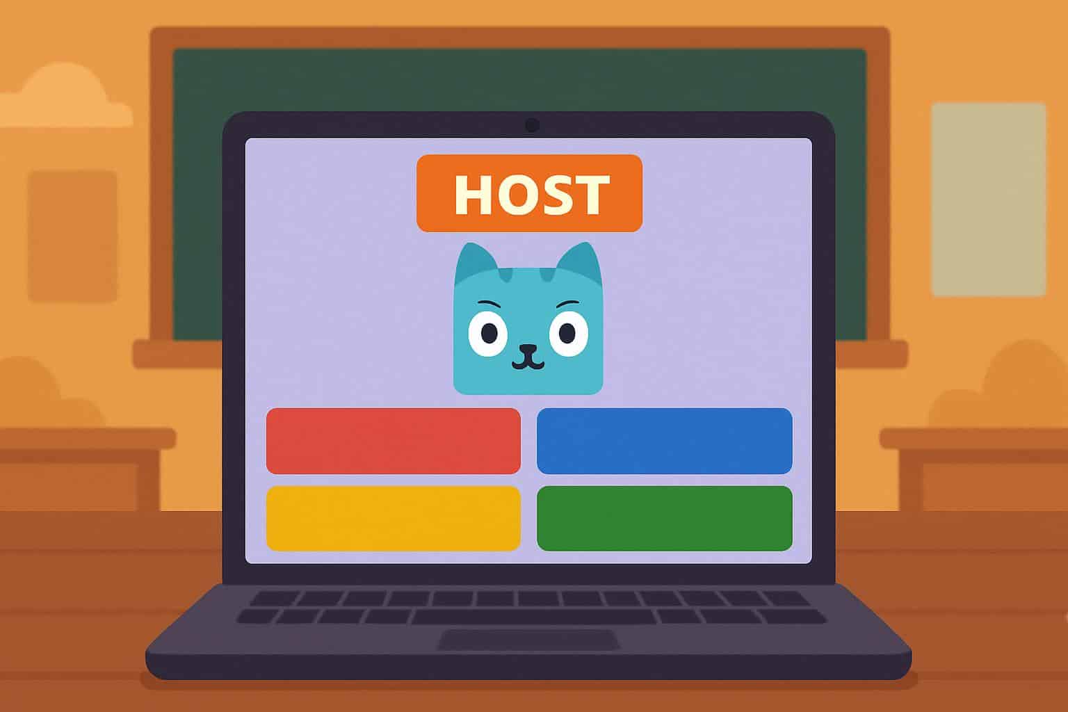 Colorful Blooket host screen with game lobby, leaderboard, avatars, and quiz icons
