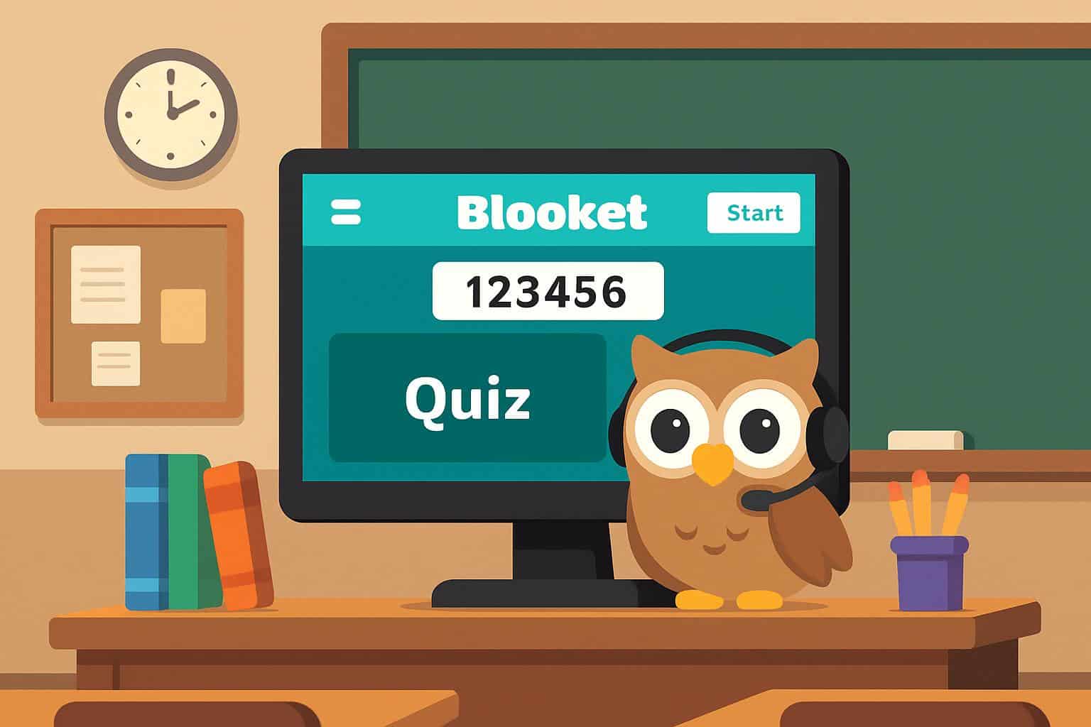 Blooket host dashboard showing game PIN, lobby, quiz mode tiles, and start button