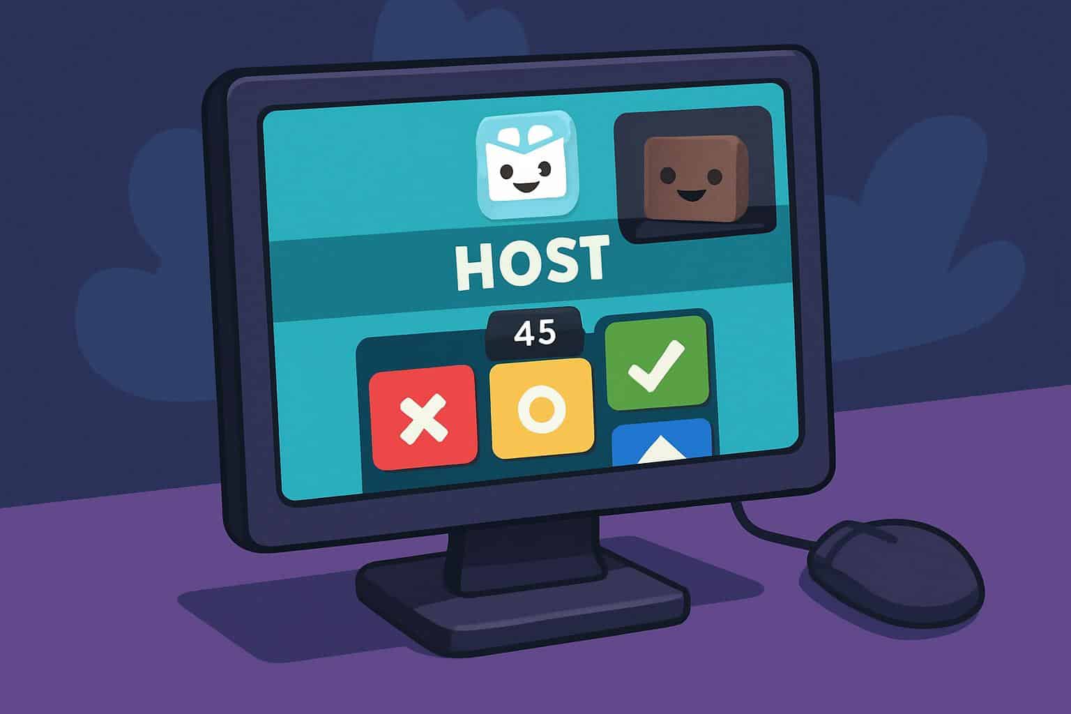 Isometric view of Blooket host dashboard on laptop with colorful quiz game icons