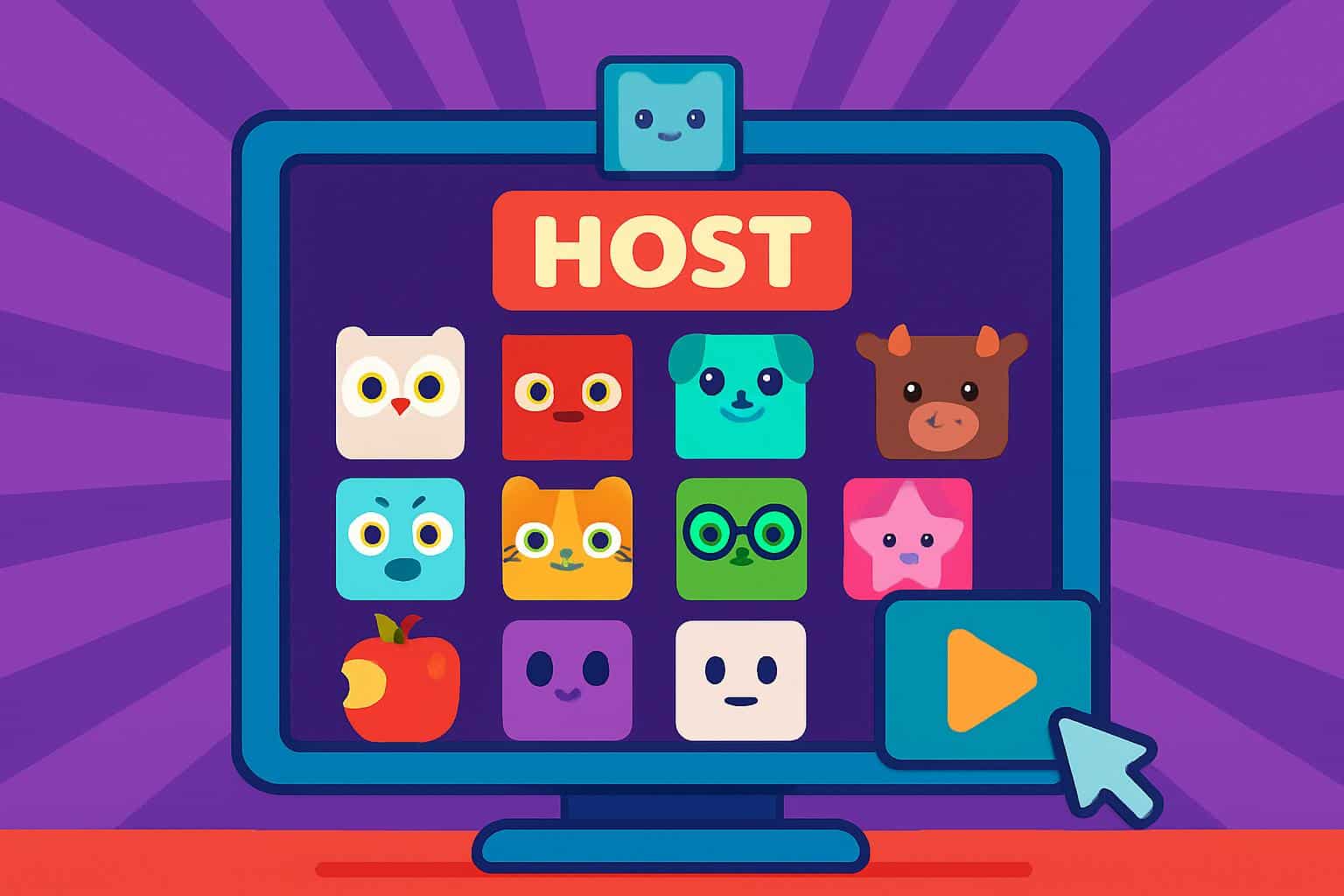 Vibrant Blooket host lobby with cartoon blooks, quiz icons, animated game controls