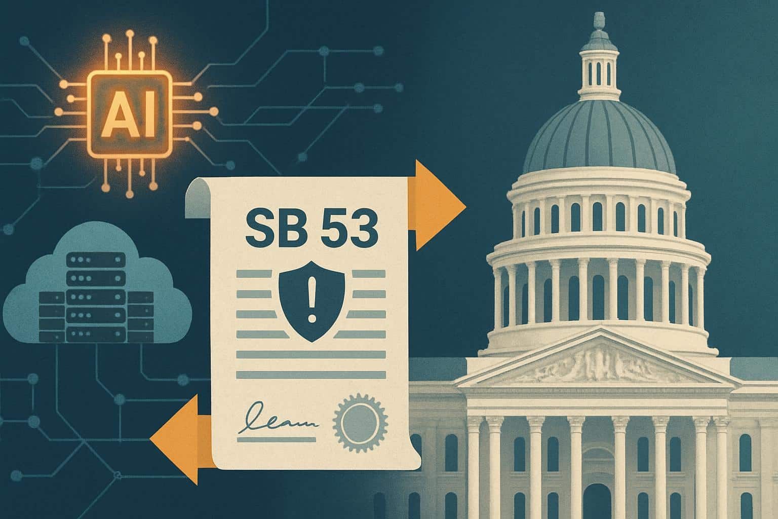 California State Capitol with AI circuit motif as SB 53 AI safety bill goes to Gov. Newsom