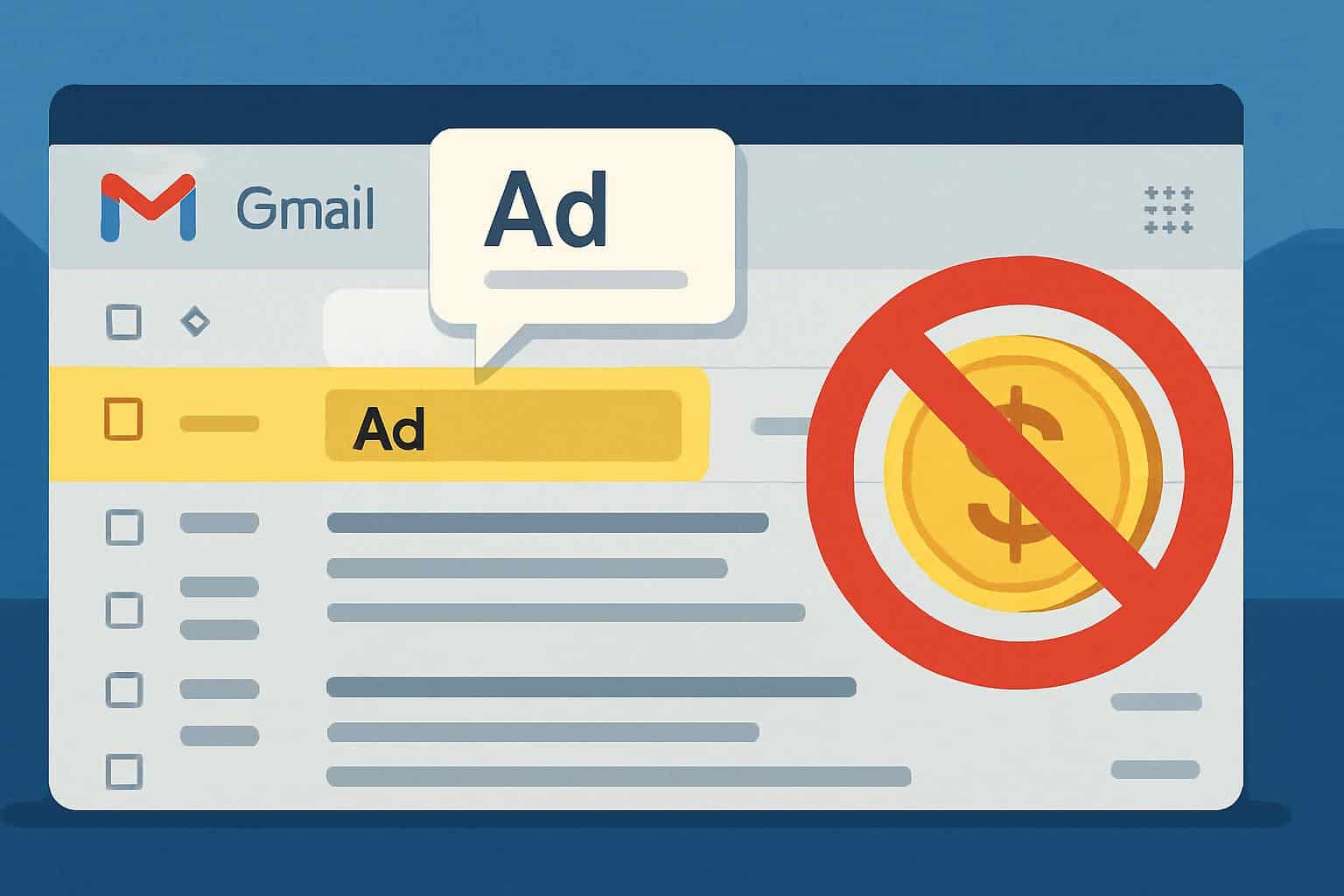 Google Gmail inbox with ads crossed out, reflecting demand for ad-free Gmail