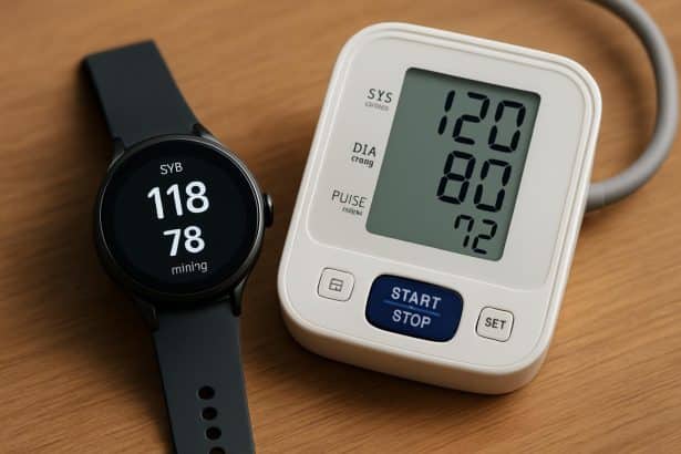 Wear OS smartwatch showing blood pressure monitoring app