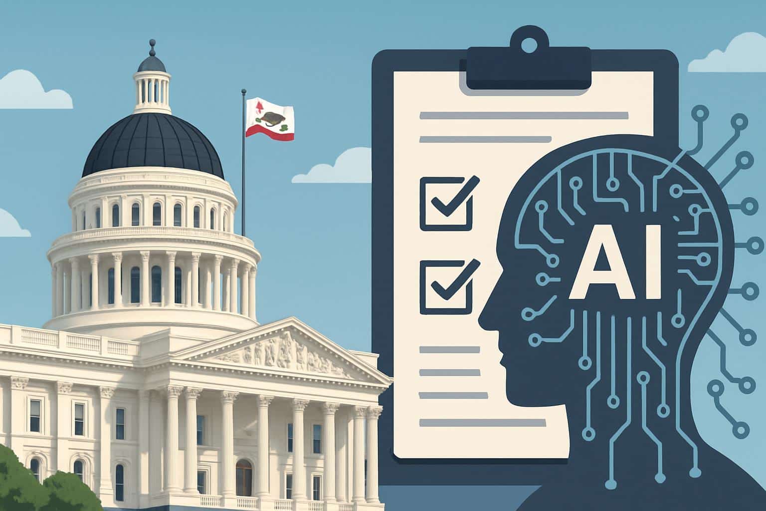 California State Capitol with AI circuitry, highlighting AI safety bill to governor