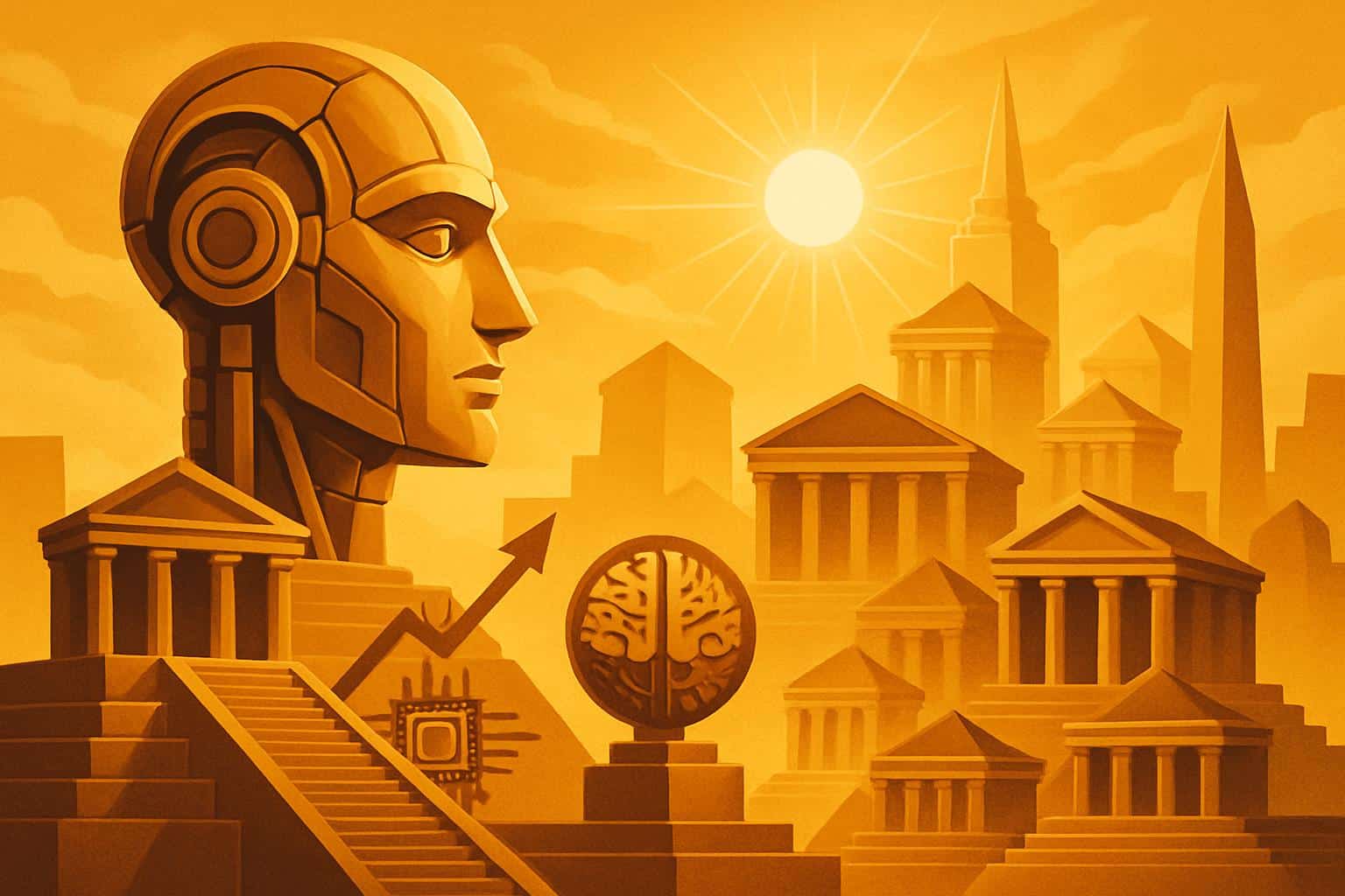 Neural crown over corporate skyline symbolizes Big Tech’s AI empire ideology