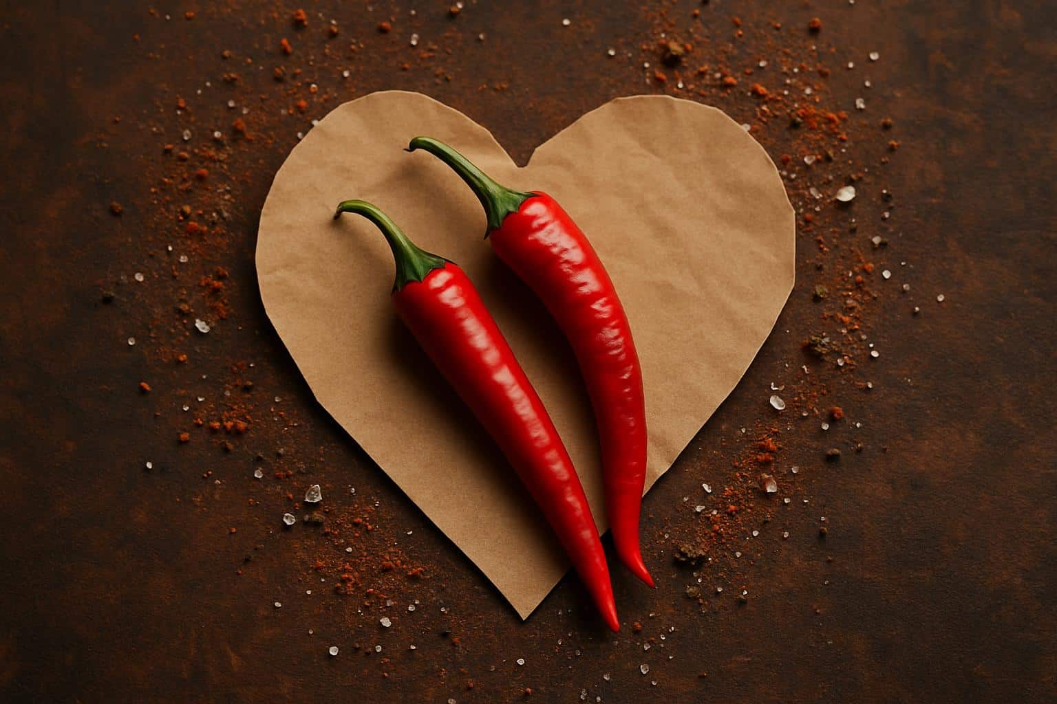 Fiery heart and question marks with rose petals on red background, flirty romantic vibe