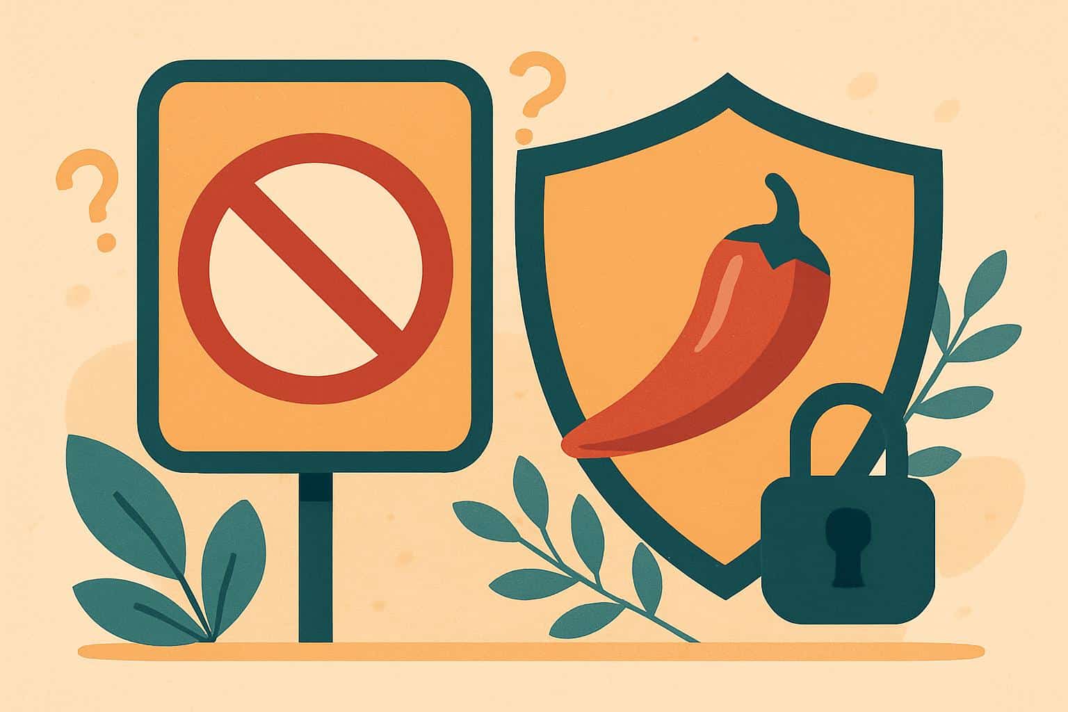 Two chili peppers separated, lock, hourglass, shield—boundaries, consent, privacy, safety