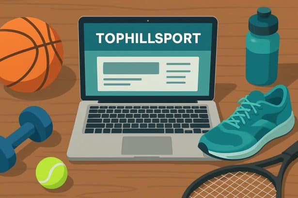 Tophillsport.com review: sports gear, star ratings, and clean website mockup, no people