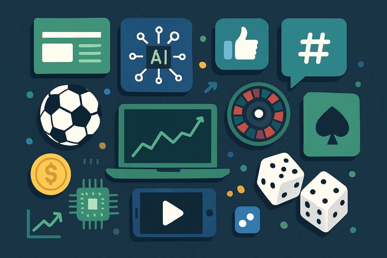 Futuristic dashboard with AI circuits, crypto coins, social icons, sports odds, casino tech