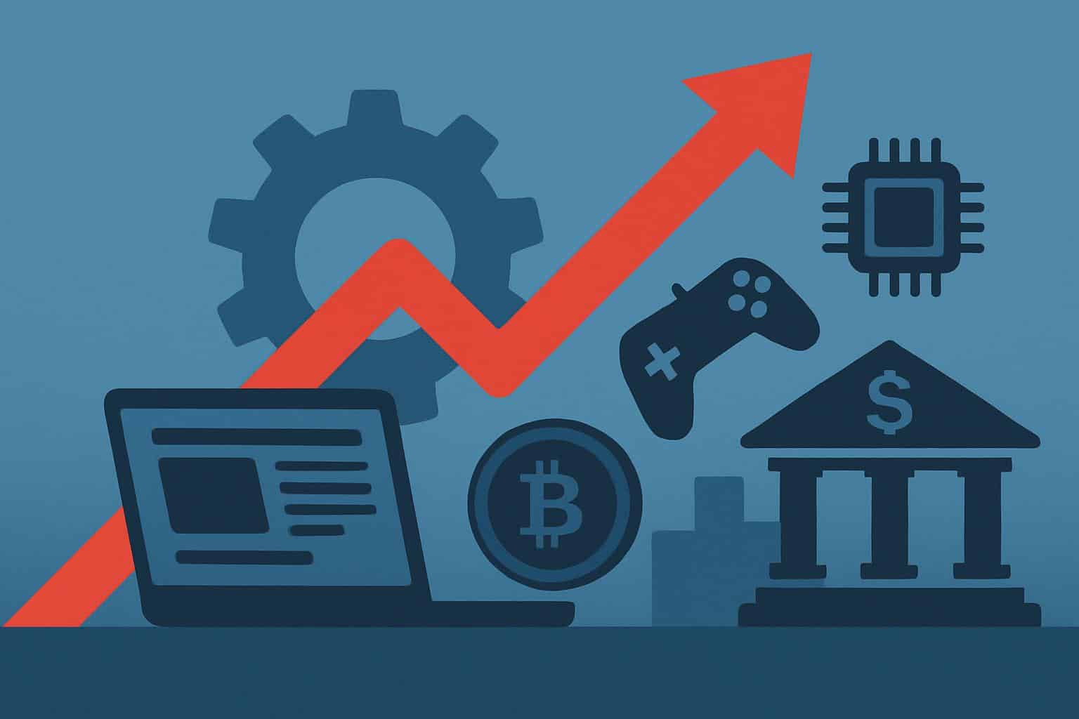 Mountaintop circuit board with sports ball, business graph, gamepad, crypto coin, casino chips