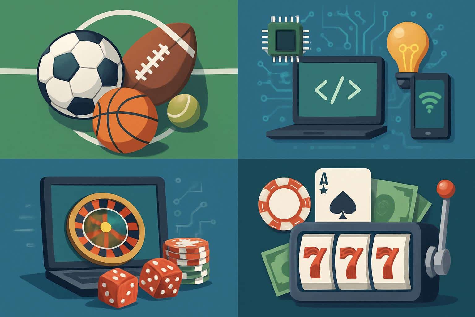 Sports emblem blends into circuits, casino chips, AI brain, crypto, OpenAI/ChatGPT, social icons.