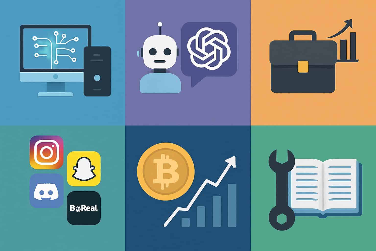 Icons for Technology, AI, OpenAI, ChatGPT, Business, Snapchat, Crypto, How-to, gambling tech