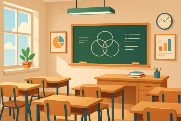 Modern Classroom 15x interior with rows of desks and a digital whiteboard, no people