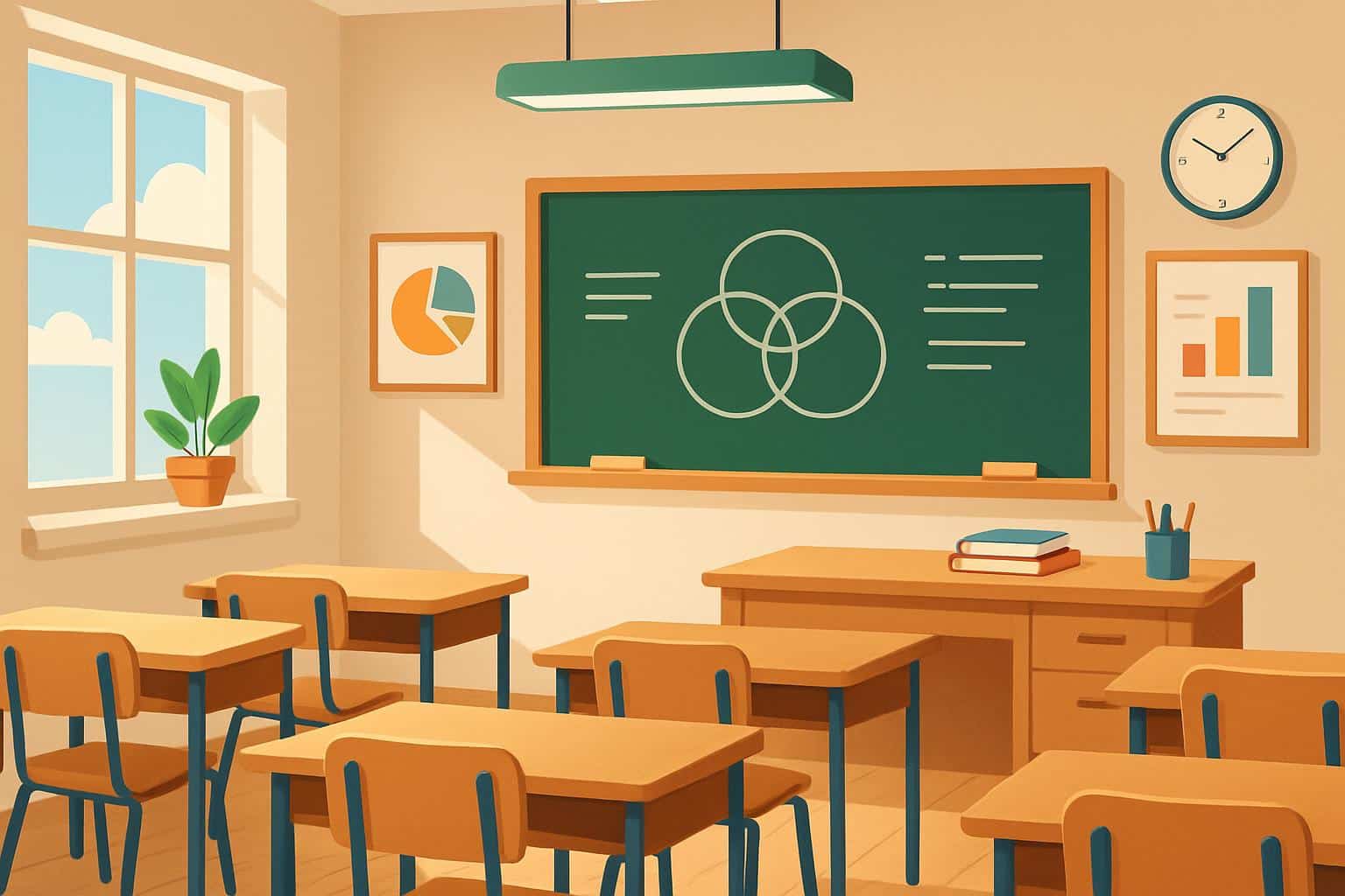 Modern Classroom 15x interior with rows of desks and a digital whiteboard, no people