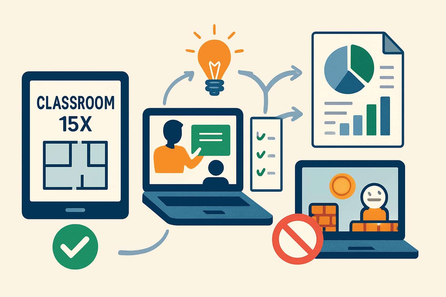 Classroom 15X: laptops with unblocked browser games beside object lessons: plant, rocks, tools