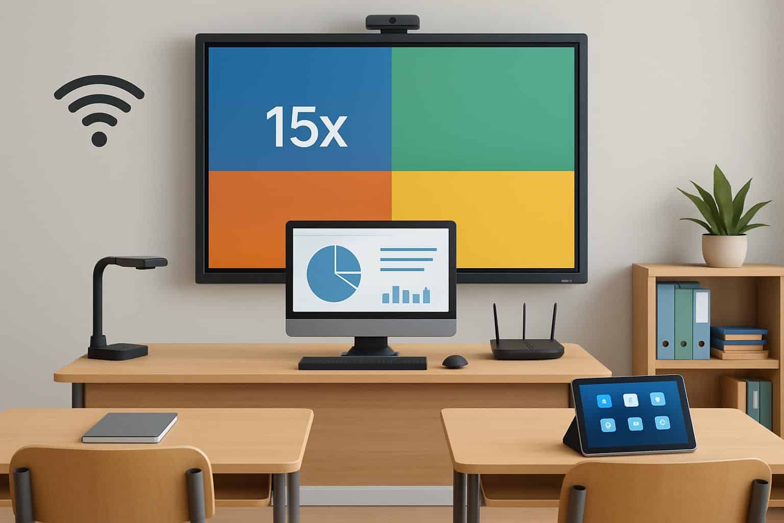 Future-ready classroom with movable desks, tablets, interactive board, Wi‑Fi hubs, stations