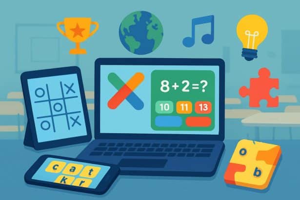 Classroom 30X: colorful classroom with tablets and game icons for free no-login learning games