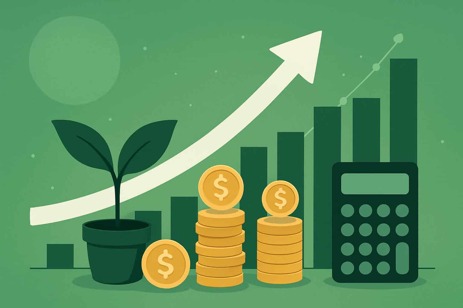 Smart, simple investing illustration: rising line chart, coin stacks, sprout for Investiit.com