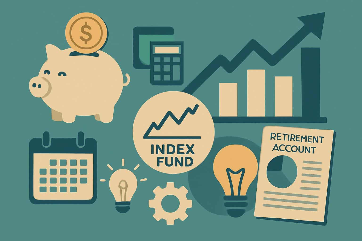 Investiit.com: Stacks of coins form a solid base beneath an index fund graph, calendar auto-deposits