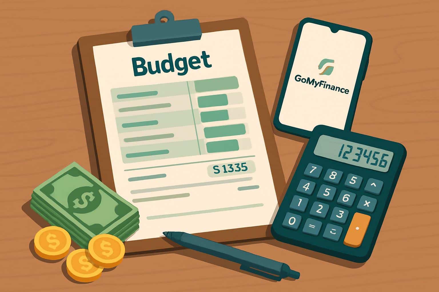 GoMyFinance.com budgeting app interface with charts, envelopes, piggy bank, coins